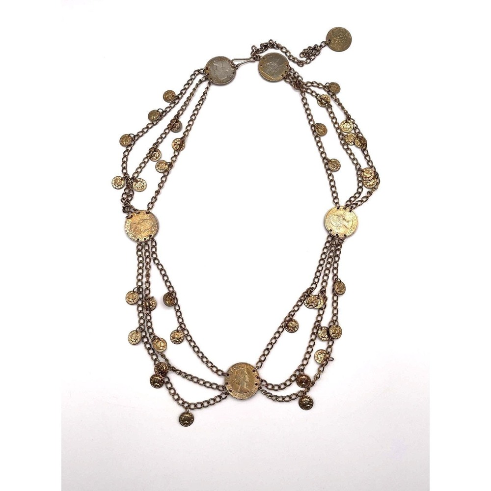 VTG 1960's British Coin Dangle Necklace Queen Elizabeth Half Penny Farthing 26in